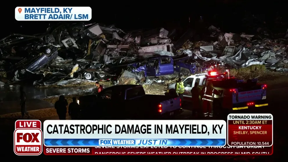 Damage left after a major tornado struck Mayfield, Kentucky. (Video courtesy: Brett Adair / Live Storms Media)