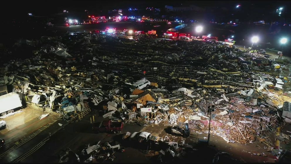 Meteorologist and storm tracker Brett Adair flew a drone over the Mayfield Consumer Products facility in Mayfield, Kentucky, on Dec. 11, 2021, where numerous injuries and likely fatalities have taken place.