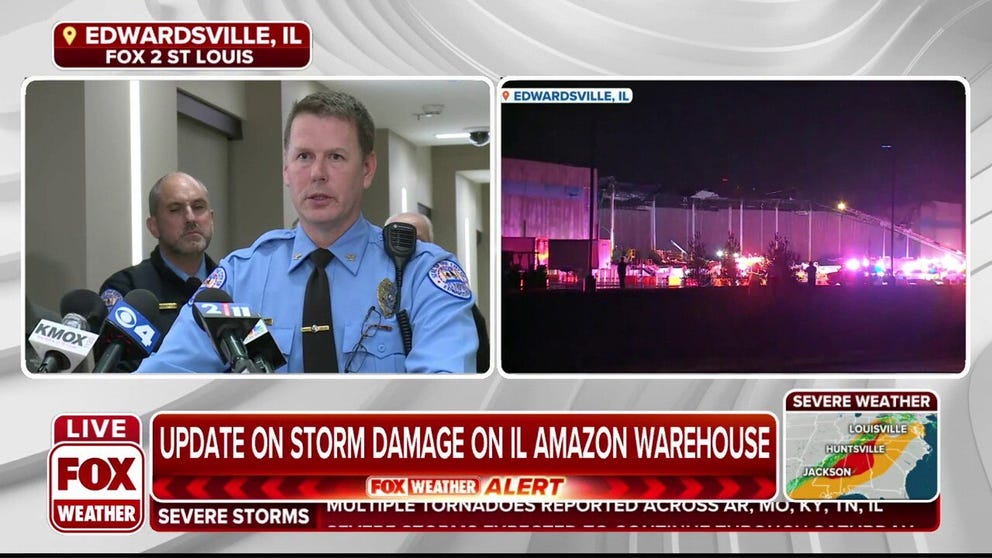 Illinois officials provide an update on the ongoing search and rescue efforts happening at the Amazon warehouse after it was hit by a tornado. 