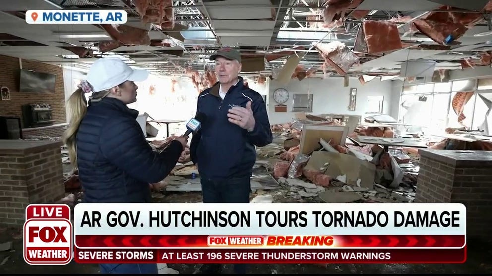 Arkansas Gov. Hutchinson surveyed the tornado damage in Monette the morning after severe storms ripped through five states.