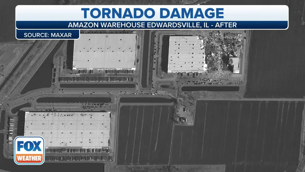 A look at before and after the tornado hit the Amazon warehouse in Edwardsville, IL.