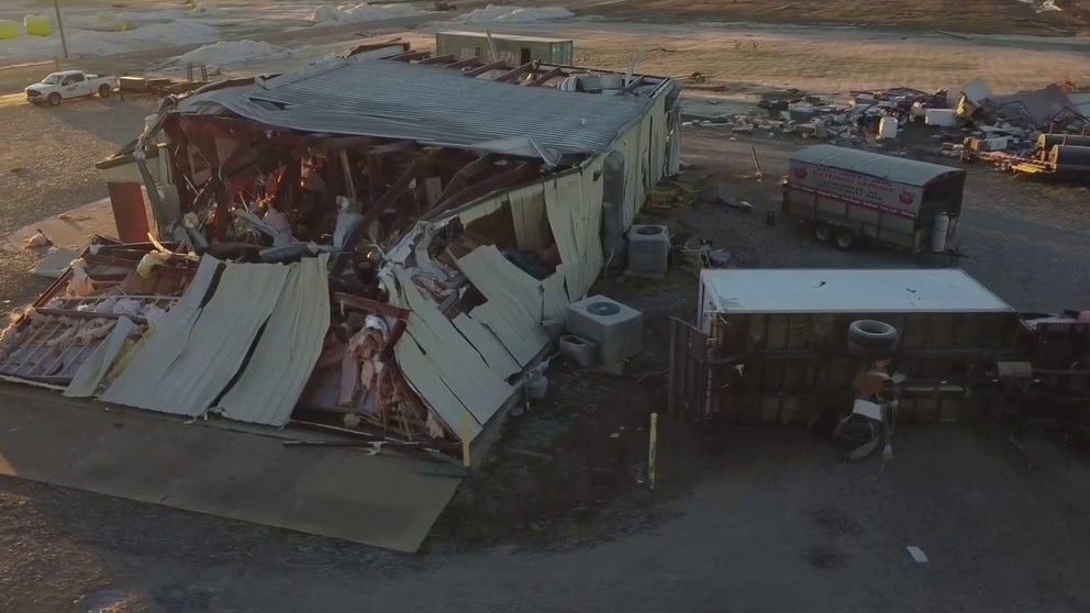 Incredible drone video shows the destruction in Leachville, Arkansas, after a powerful storms moved through on Friday night.