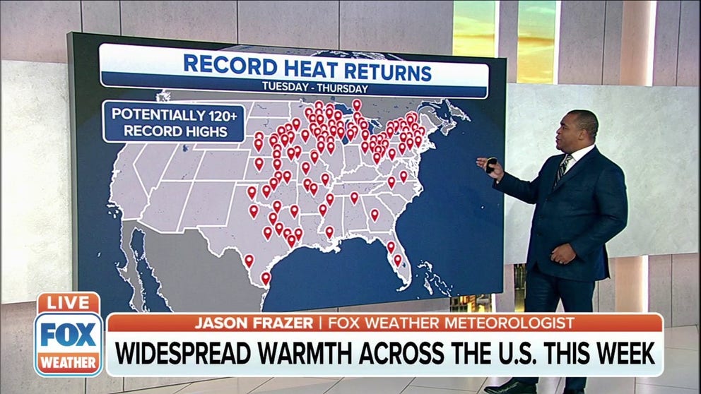 More than 100 record-high temperatures are in jeopardy across U.S. this week as December's record warmth continues. 