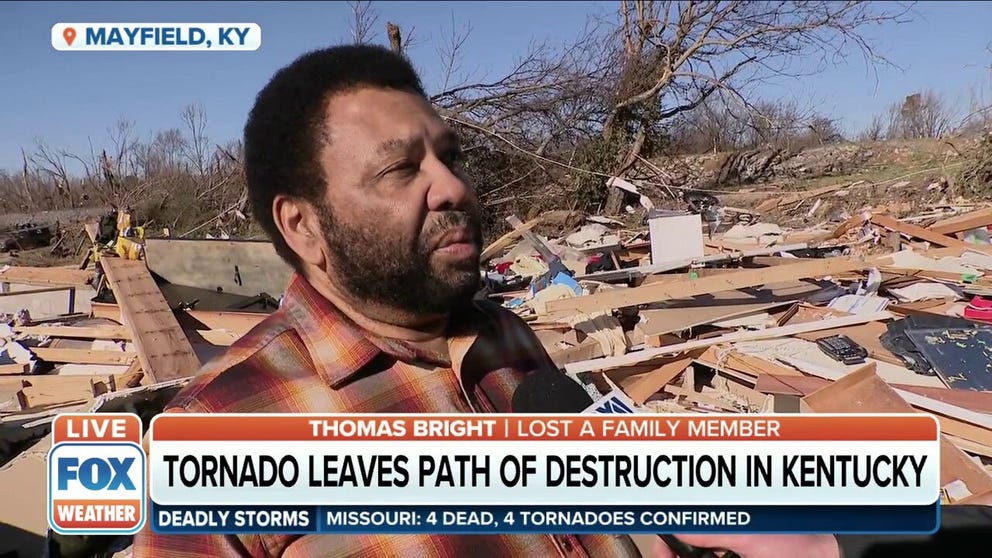 FOX Business Correspondent Grady Trimble interviewed Thomas Bright, who found his 80-year-old aunt dead underneath debris at her home in Mayfield, Kentucky in the aftermath of Friday's tornado outbreak.
