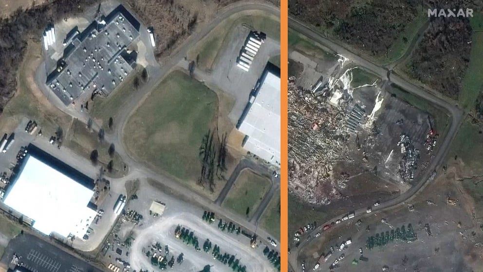 Aerial photographs taken before and after powerful tornadoes carved a path of destruction through Arkansas, Kentucky, and Illinois. 