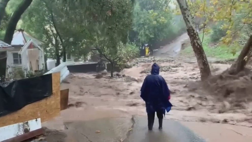 Firefighters in Orange County, California working to rescue those trapped by mudslides. Evacuation orders are in effect for Modjeska, Silverado, and Williams Canyons.