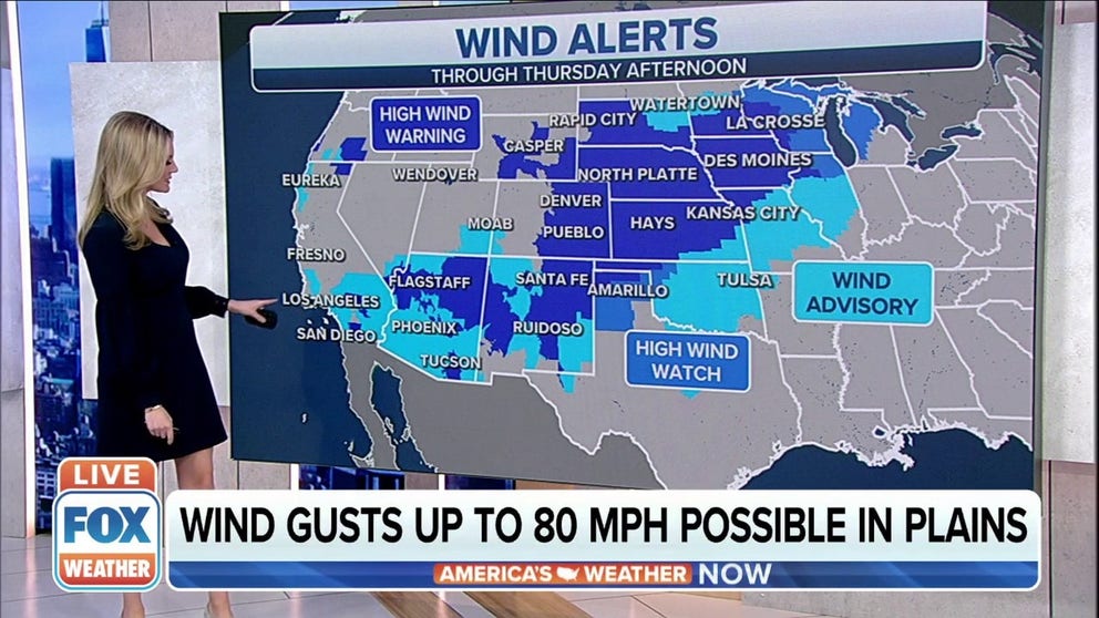 Winds up to 80 miles per hour for Southern Plains to Upper Midwest. 