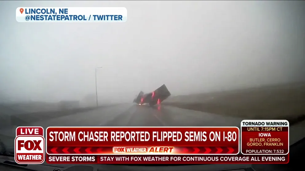 Video shows semi-truck being knocked over by extreme winds in Lincoln, Nebraska. 