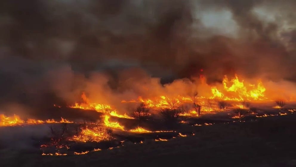 A drone was able to capture incredible video of a large wildfire burning outside Guymon, Oklahoma on Wednesday.