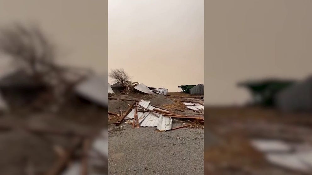 A severe thunderstorm swept through parts of Nebraska, on Dec. 15, razing buildings to the ground in the village of Clatonia. This footage, filmed by Ian McDougall, shows buildings destroyed in the aftermath of the storms in Clatonia.