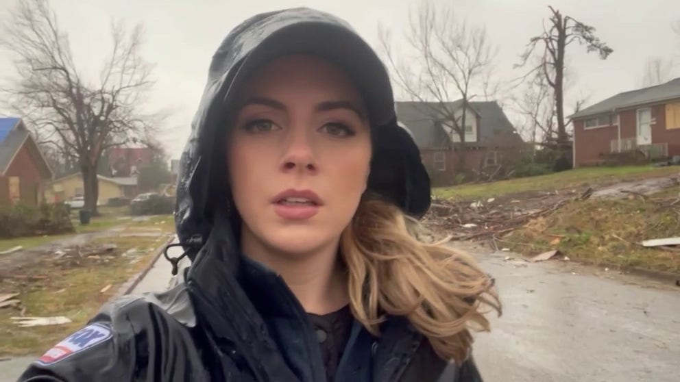 FOX Weather reporter Katie Byrne in Mayfield, Kentucky where tornado damage recovery teams are facing heavy rain.