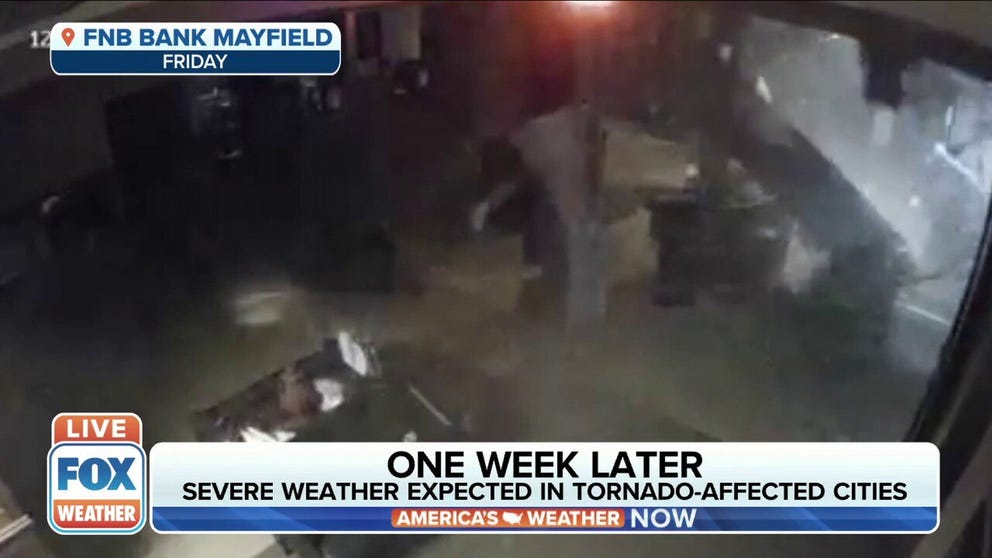 Surveillance footage from FNB Bank Mayfield shows the destruction last Friday’s tornado caused in Kentucky. 