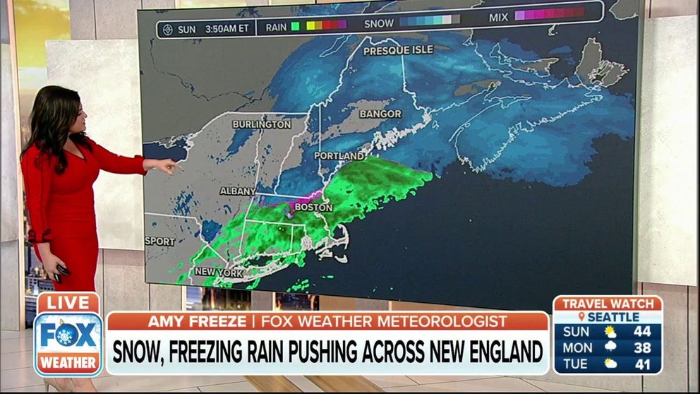 Snow and freezing rain will continue to push across New England on Sunday.