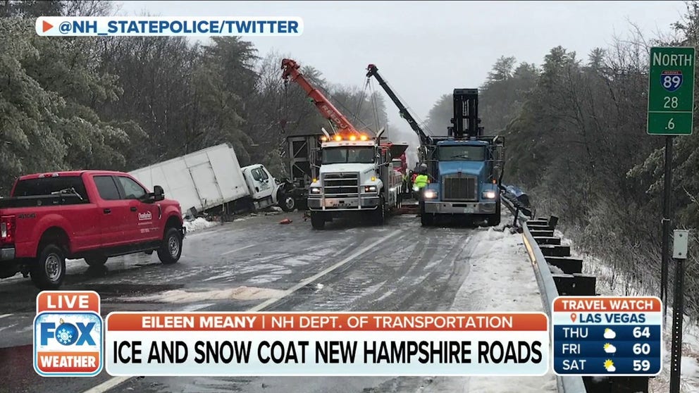 Dozens of accidents were reported in New Hampshire Wednesday morning as a winter storm with freezing rain left highways coated in a sheet of snow and ice.
