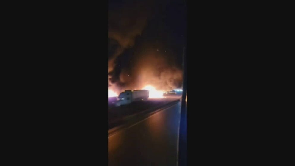 Large fire captured on Interstate 94 in Western Wisconsin. Icy conditions have led to over 100 vehicles being involved in crashes. 