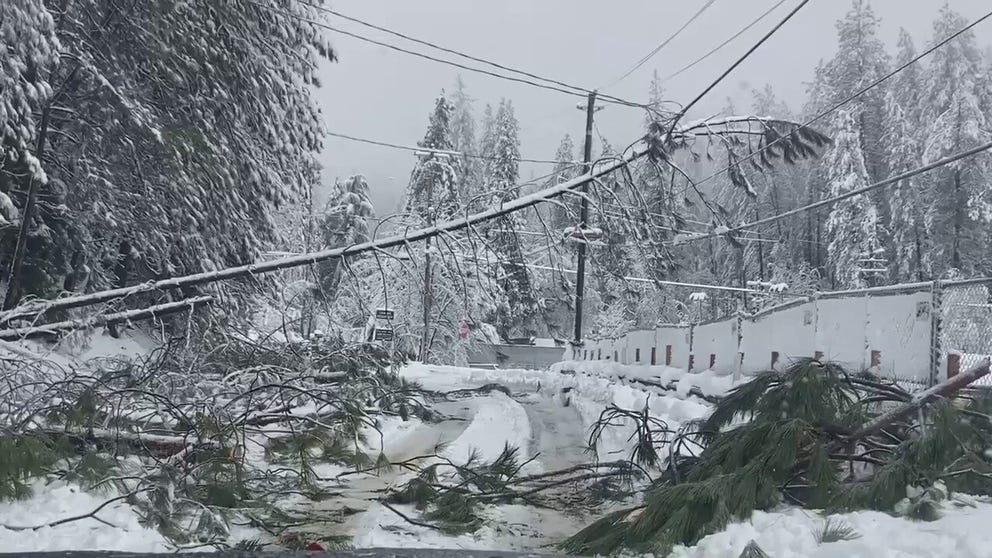 Downed trees and power lines block roads in Grass Valley, Calif. where storms dropped feet of snow since Wednesday.