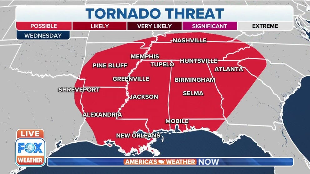 Threat for severe weather heightens for the southeastern United States heading into Wednesday. 