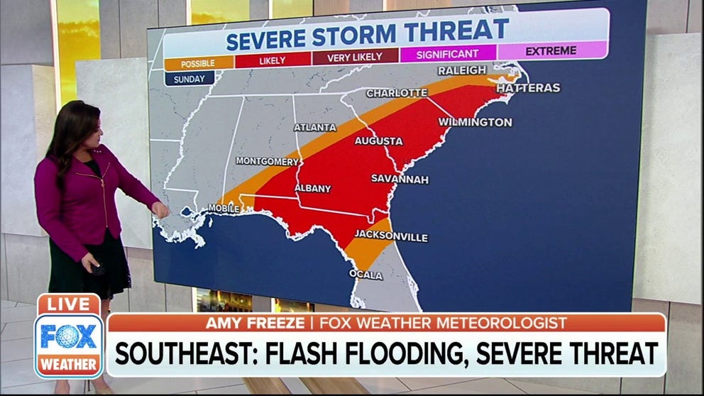 Severe thunderstorms and flash flooding are possible in parts of the Southeast on Sunday.