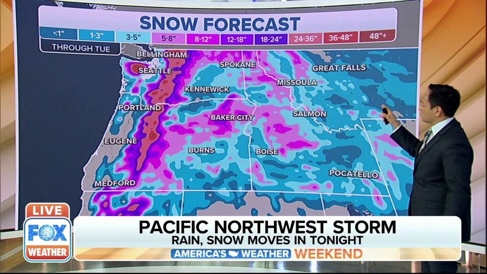 Another storm system will bring rain and snow to the Pacific Northwest starting Sunday evening.