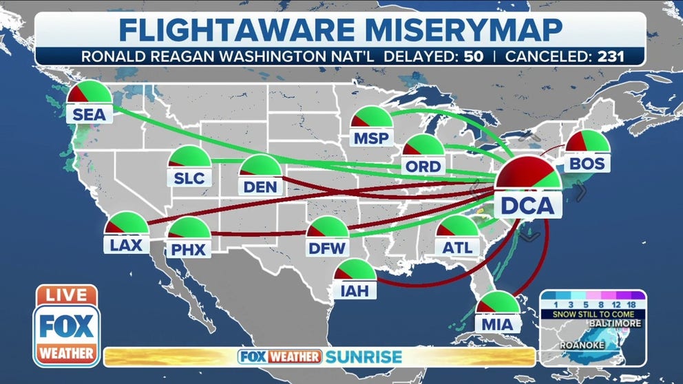 Hundreds of flights have been delayed or canceled across the country as many airlines deal with disruptive weather and staffing shortages.