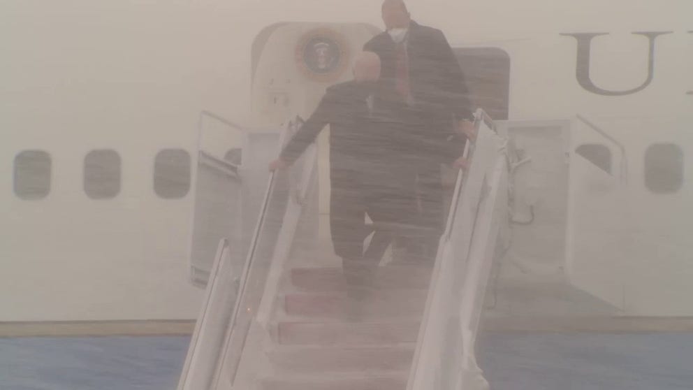 President Joe Biden was briefly stuck aboard Air Force One after landing at Andrews Air Force Base in Maryland during Monday's snowstorm.