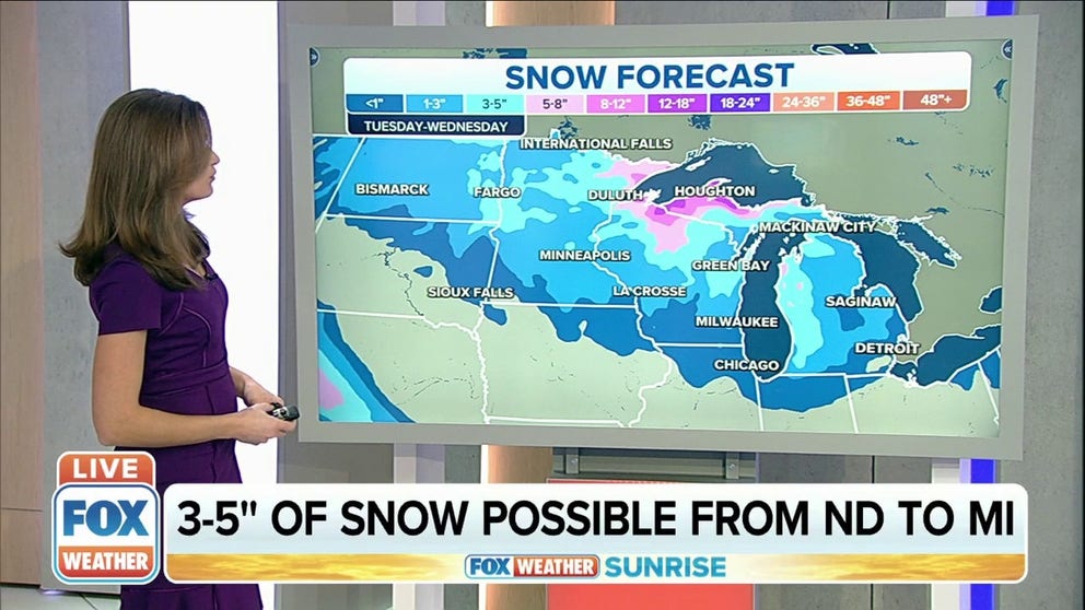 Three to five inches of snow is possible from North Dakota to Michigan. 