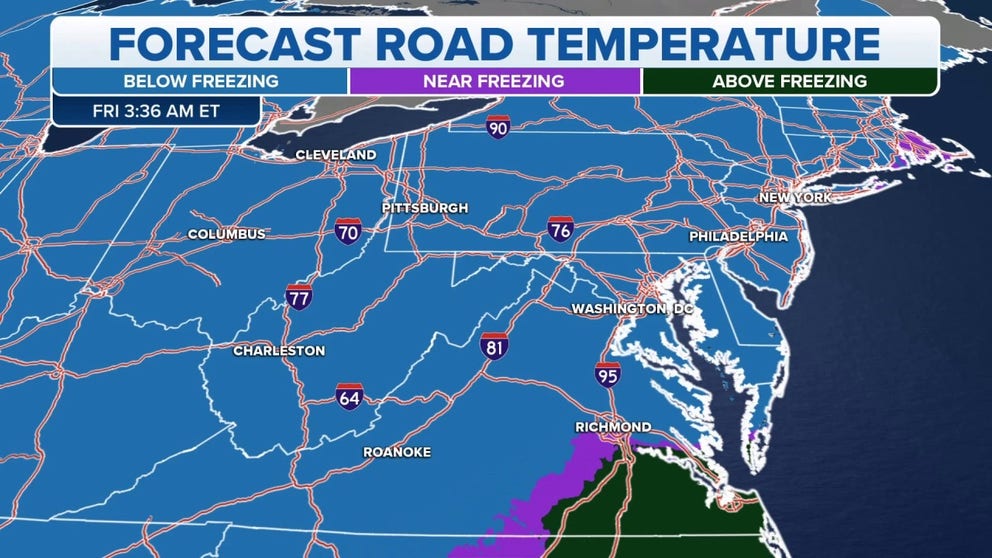 Ice could be a concern for areas of the Mid-Atlantic because of refreezing surfaces overnight.