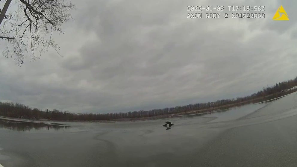 Footage released by the Lewiston Police Department shows Officer John Smith racing to rescue a dog that fell into the icy water of a partially frozen lake. The dog 