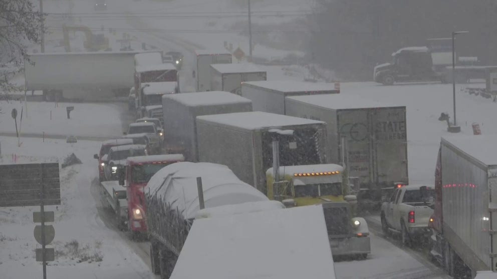 Traffic crawled along I-65 in Columbia, Tennessee around accidents and over slippery roads.