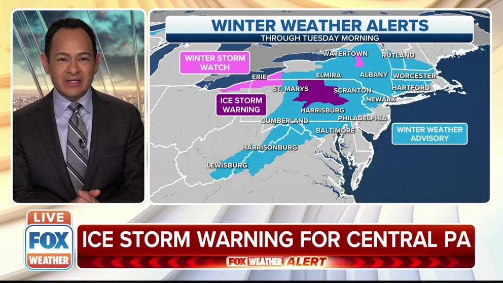 An ice storm warning has been issued in central Pennsylvania until Sunday afternoon.