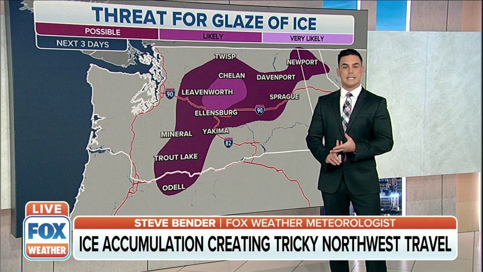 Ice concerns for areas of the I-90 corridor in Washington and Oregon.  