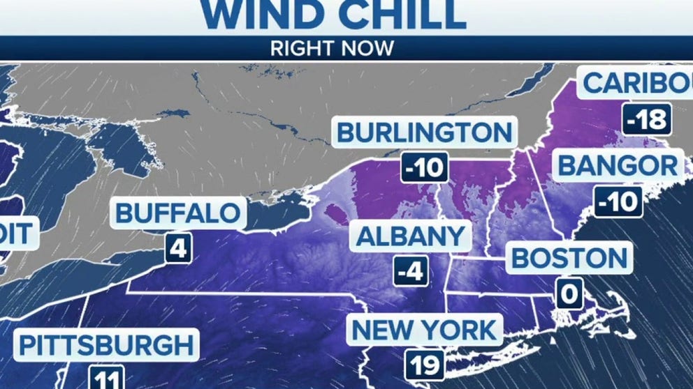 The Northeast stays frigid through Tuesday evening. Boston currently with a 0-degree wind chill while Caribou, Maine has a wind chill that reads 28 below zero