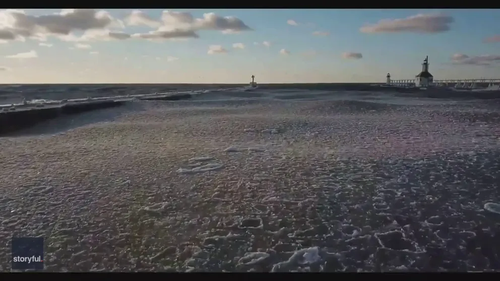Pancake ice formed on the shore of Lake Michigan Sunday in St. Joseph, Michigan.