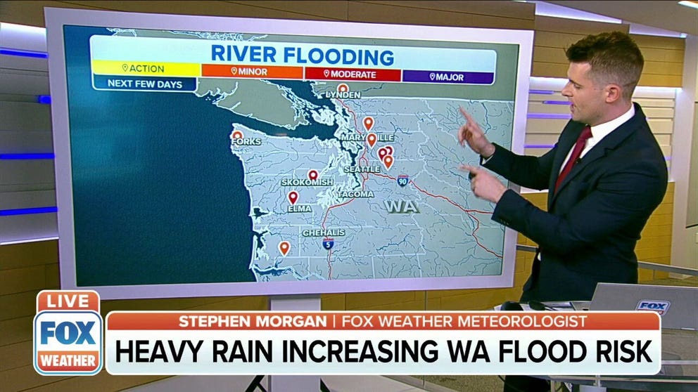 Heavy rain and rapid snowmelt is increasing the river flood risk in Washington State.
