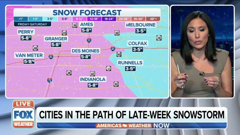 Cities nearby Des Moines, Iowa with the potential to receive significant snow accumulation on Friday heading into the weekend. 