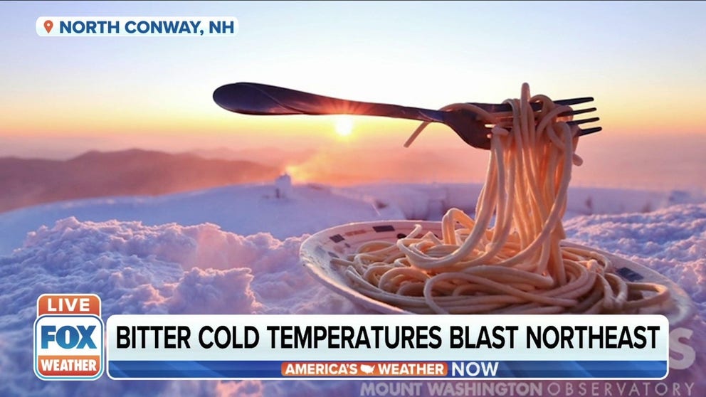 Negative 30 degree Fahrenheit temperatures on the summit of Mt. Washington, New Hampshire prevent an observer from tasting his spaghetti 