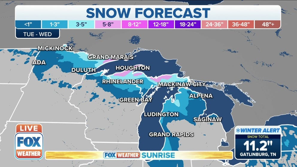 Lake-effect snow and gusty winds will be possible across the Great Lakes as a winter storm moves out of the northeast.