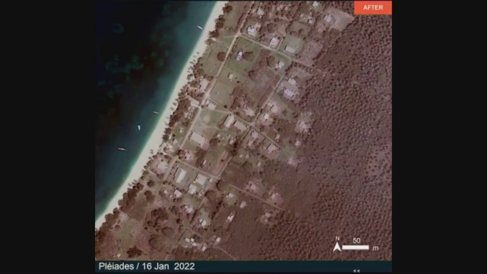 Satellite images show the destruction left behind on Tonga in the Pacific Ocean after a volcanic eruption over the weekend.
