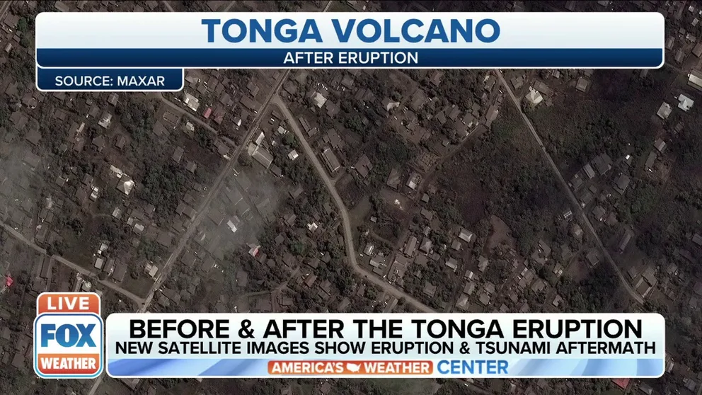 New satellite images show before and after pictures of Tonga following the volcanic eruption and tsunami aftermath. 