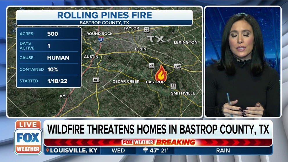 Rolling Pines Fire in Bastrop County, Texas threatens properties. Planes have been attempting to drop water and fire retardant to protect any homes or building in the area.