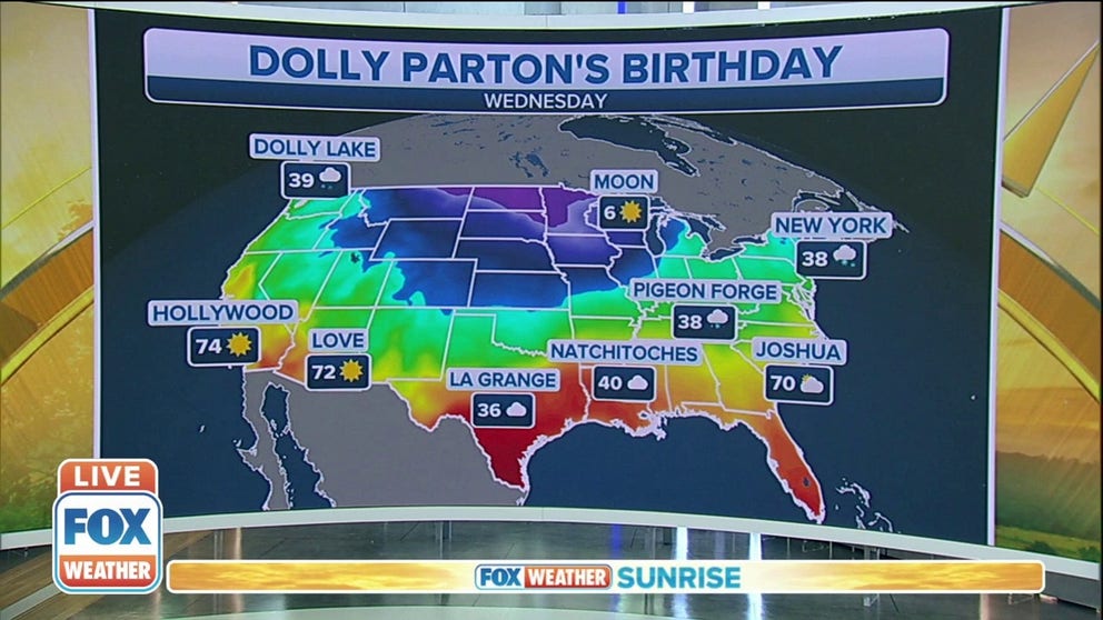 America’s own "Backwoods Barbie" celebrates her 76th birthday Wednesday. In honor of the Country Music Hall of Famer, FOX Weather checked out the forecasts for a few places across the country with names that remind us of her songs and movies.