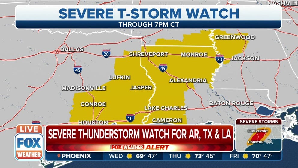 Arkansas, Texas and Louisiana under a severe thunderstorm watch. Storms are likely to produce damaging winds and lightning.