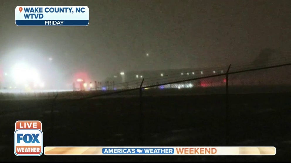 A Delta flight at Raleigh-Durham International Airport slid off the taxiway during snowy weather on Friday evening.
The airport said Delta Connection flight 5501 slid off the runway while taxing around 9 p.m.