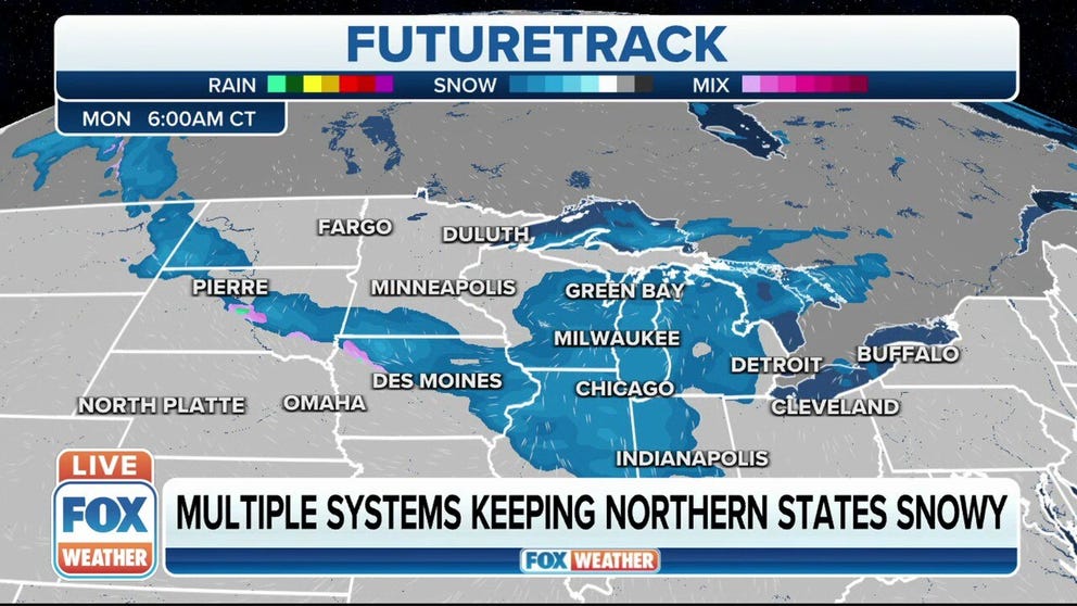 Several rounds of snow are expected from the Dakotas to the Great Lakes over the next few days.