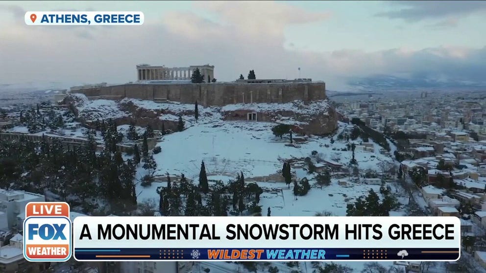 The Acropolis of Athens is seen covered in snow. The intensity of this snowstorm to hit Greece was unusual as over 2 and a half feet of snow fell in parts of the country. Thousands of drivers had to be rescued from a highway in the Greek capital. 