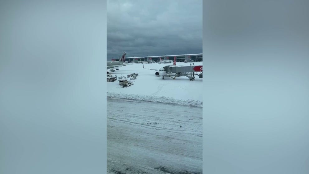 Istanbul Airport suspended flights from Monday to midday Tuesday during a snowstorm, Thousands of travelers were stranded.