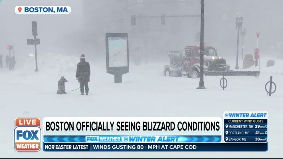 Boston has officially met blizzard criteria with a visibility of less than 1/4 mile and wind gusts higher than 35 mph for 3 consecutive hours, according to the National Weather Service.