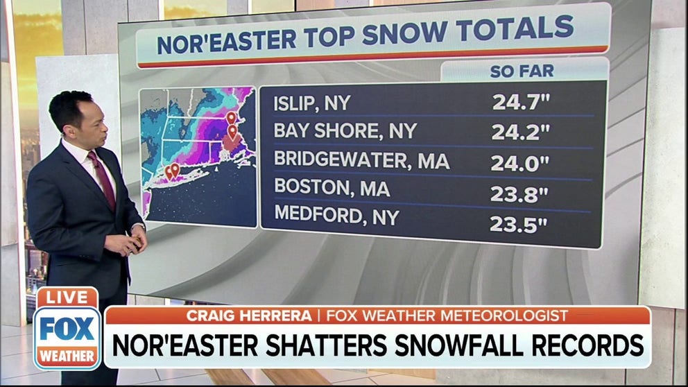 Cities across the Northeast and mid-Atlantic had snowfall records shatters by a powerful nor'easter that slammed the region on Saturday.