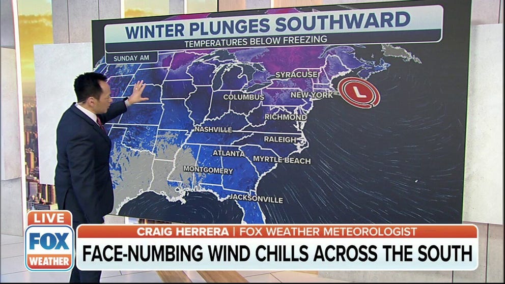 Bitter cold temperatures are surging into the southern United States in the wake of a powerful nor'easter in the Northeast on Saturday.