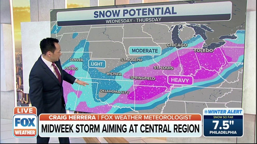 A storm system is expected to bring snow and rain from the Midwest to Central Plains this week.